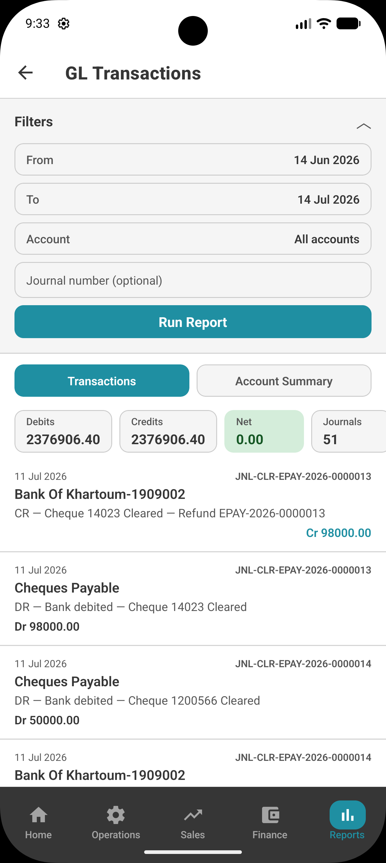A3mal.Pro mobile app GL transactions report screen